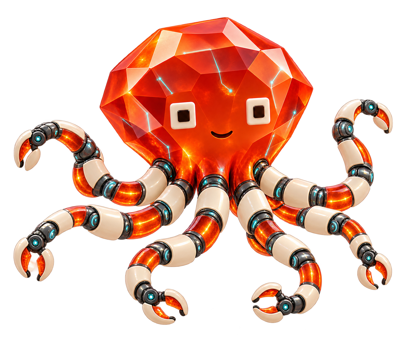 Rubyness’s ruby octopus with articulated robotic tentacles and glowing AI circuits