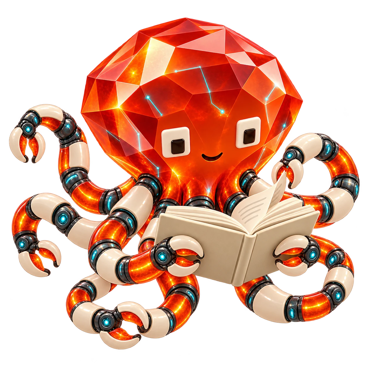 Ruby reads a book and turns a page with a robotic tentacle
